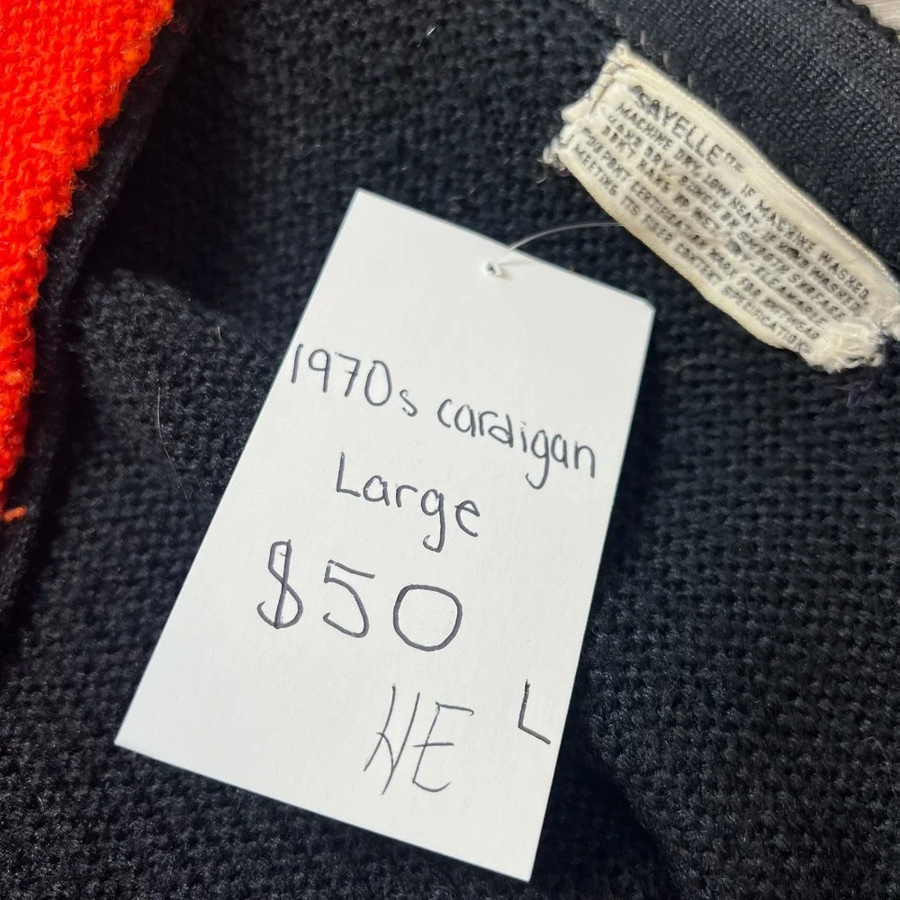 1960s Cardigan Sweater Men Large Black orange Striped Vintage VNeck Button Front